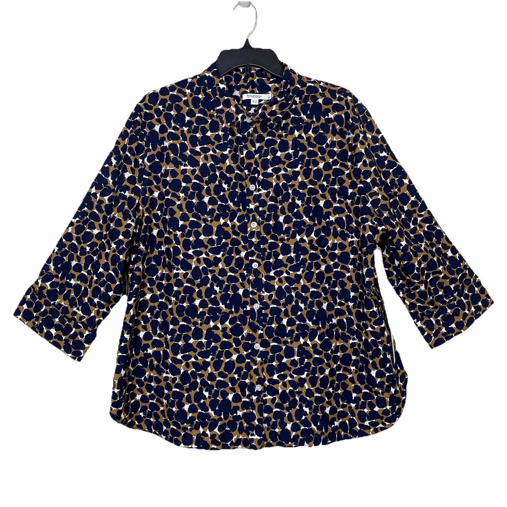 Chico's No Iron Button Up Shirt Navy Brown White Mosiac Rock Women's Sz 4 U.S 20